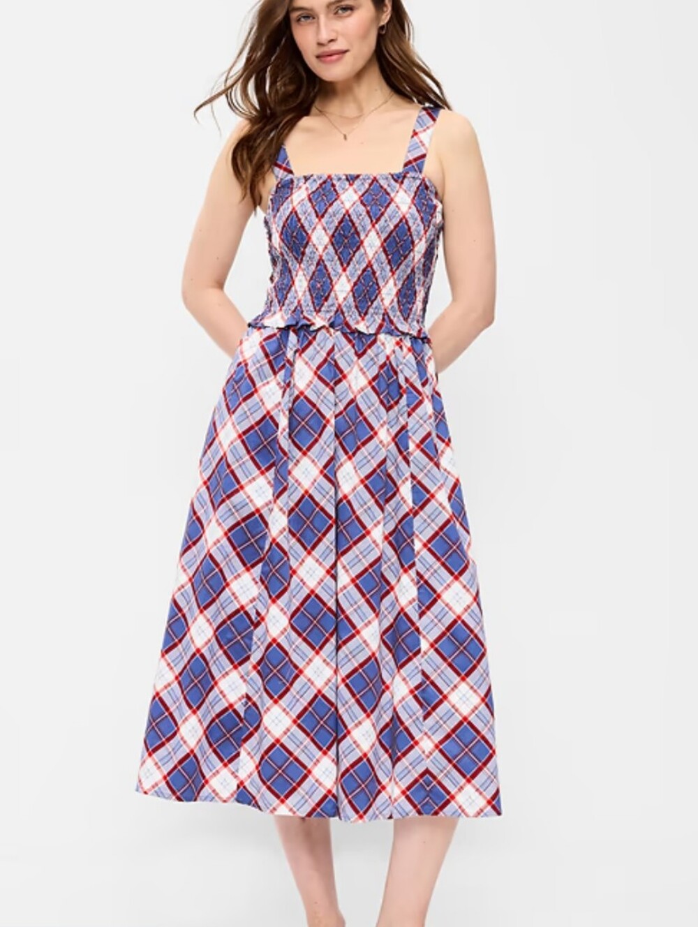 Old Navy Red White Blue Smocked Plaid Midi Dress XL